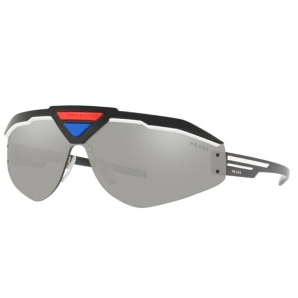 Prada Triangle Logo Sunglasses Black Silver Mirror Wrap SPR 69V 460-2B0 PR69VS - Picture 1 of 13